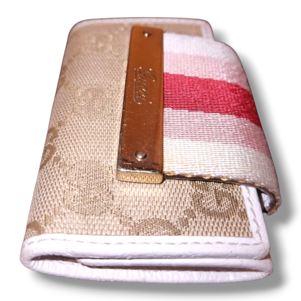 Gucci Signature GG Monogram Sherry Line Cream Red Pink Webbing 6 Key Card Holder - Picture 3 of 14